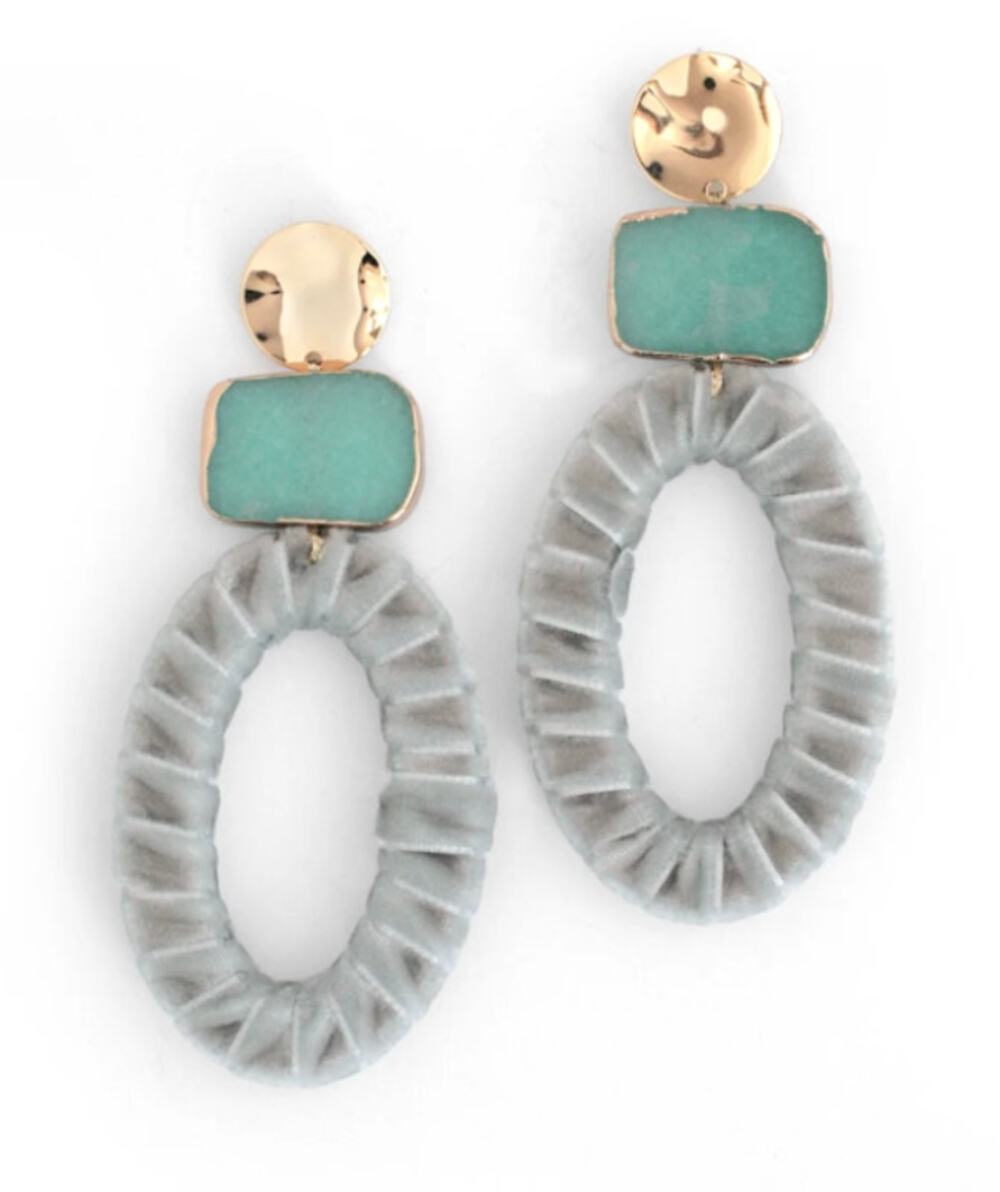Serefina Velvet Drop Earrings Gray Blue Agate 14K Gold Plated 3"L x 1.5"W